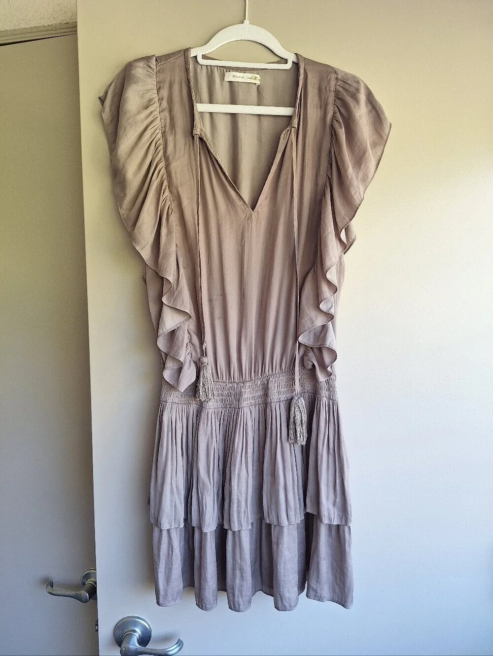 Mustard Seed Taupe Boho Ruffle Tiered Mini Dress Size M
